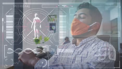 Digital-interface-with-medical-data-processing-against-man-wearing-face-mask-sneezing