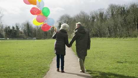 Rückansicht-Eines-älteren-Paares-Mit-Luftballons,-Das-Gemeinsam-Einen-Herbst--Oder-Winterspaziergang-Durch-Den-Park-Genießt