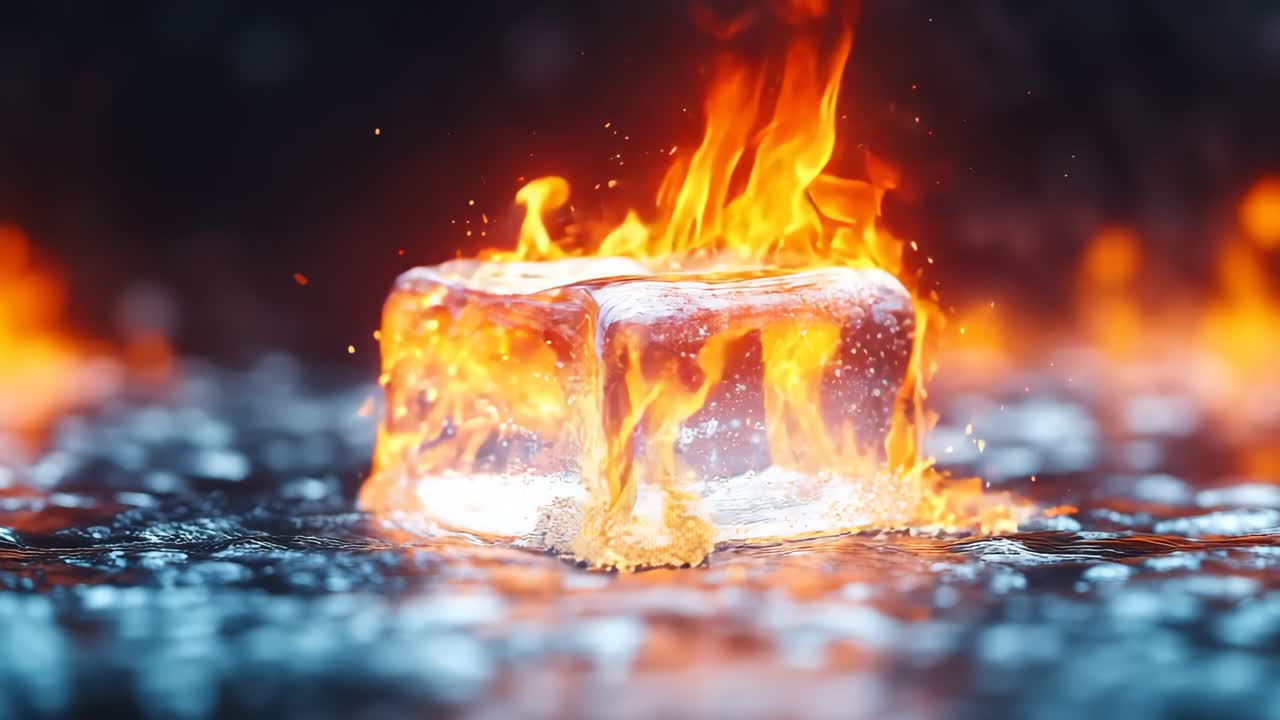 Fiery ice block contrast. A block of ice sits on a wet surface, surrounded by intense flames, showcasing a remarkable clash of elements.