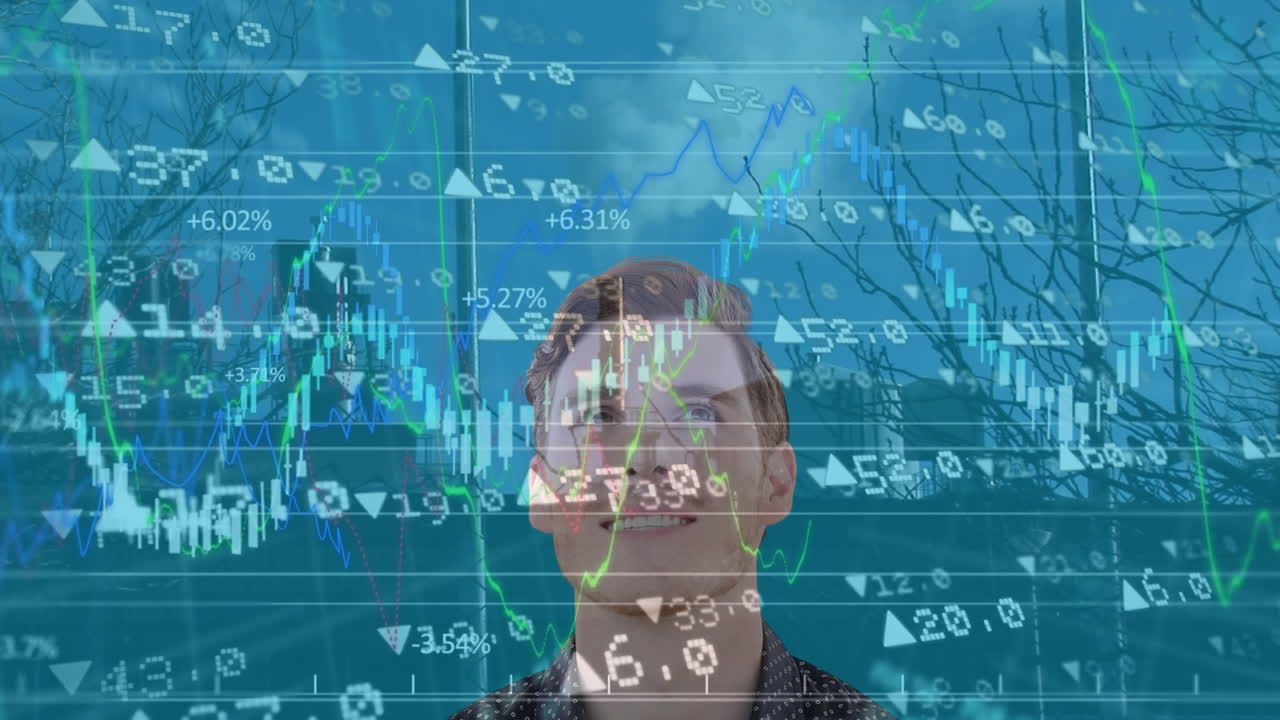 Animation of financial data processing over caucasian man and cityscape