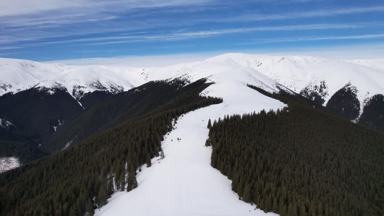 Snowy mountain ridge with dense forest, serene sky, and peaceful winter vibes
