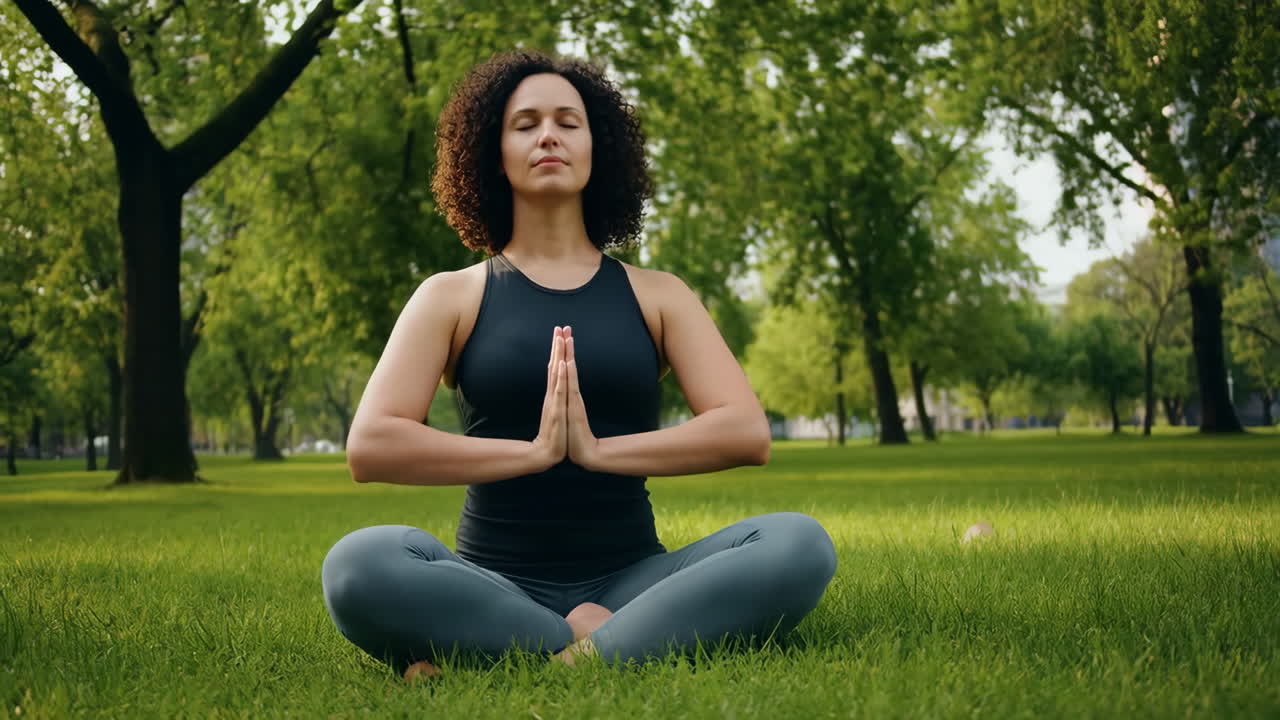 mujer meditando en un parque