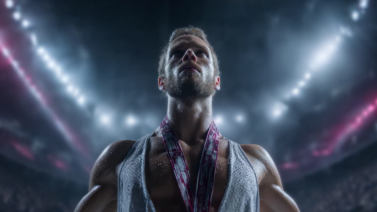 A determined athlete stands victorious, illuminated under bright stadium lights, embodying the spirit of competition while displaying a medal of achievement