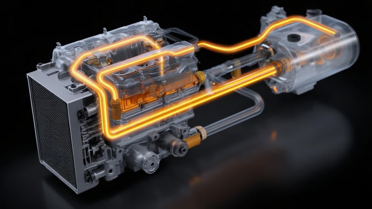 Detailed Visualization of Engine Components Highlighting Fuel Flow Path and Mechanical Connections for Enhanced Understanding of Internal Systems