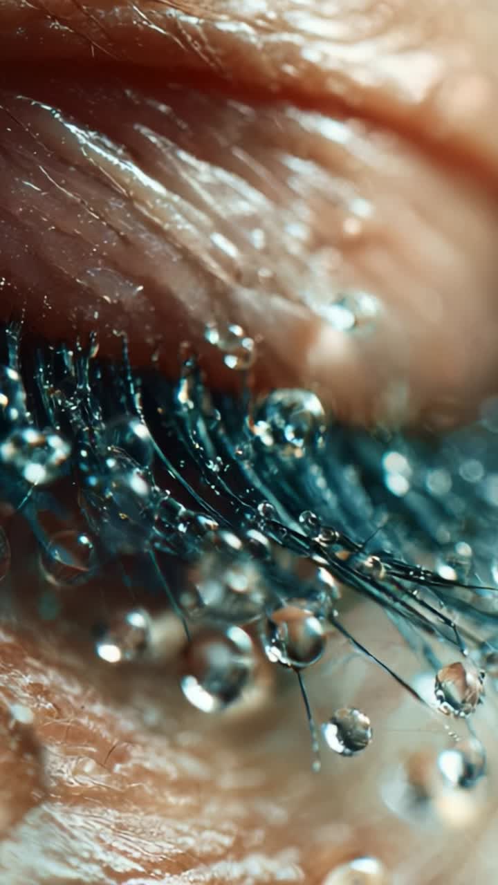 Close-up of a Beautiful Eye with Eyelashes Drenched in Water Droplets, Highlighting the Intricacies of Nature's Design and the Play of Light on a Delicate Surface