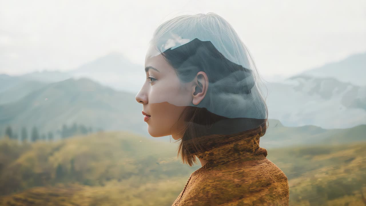 Woman portrait with mountain landscape double exposure