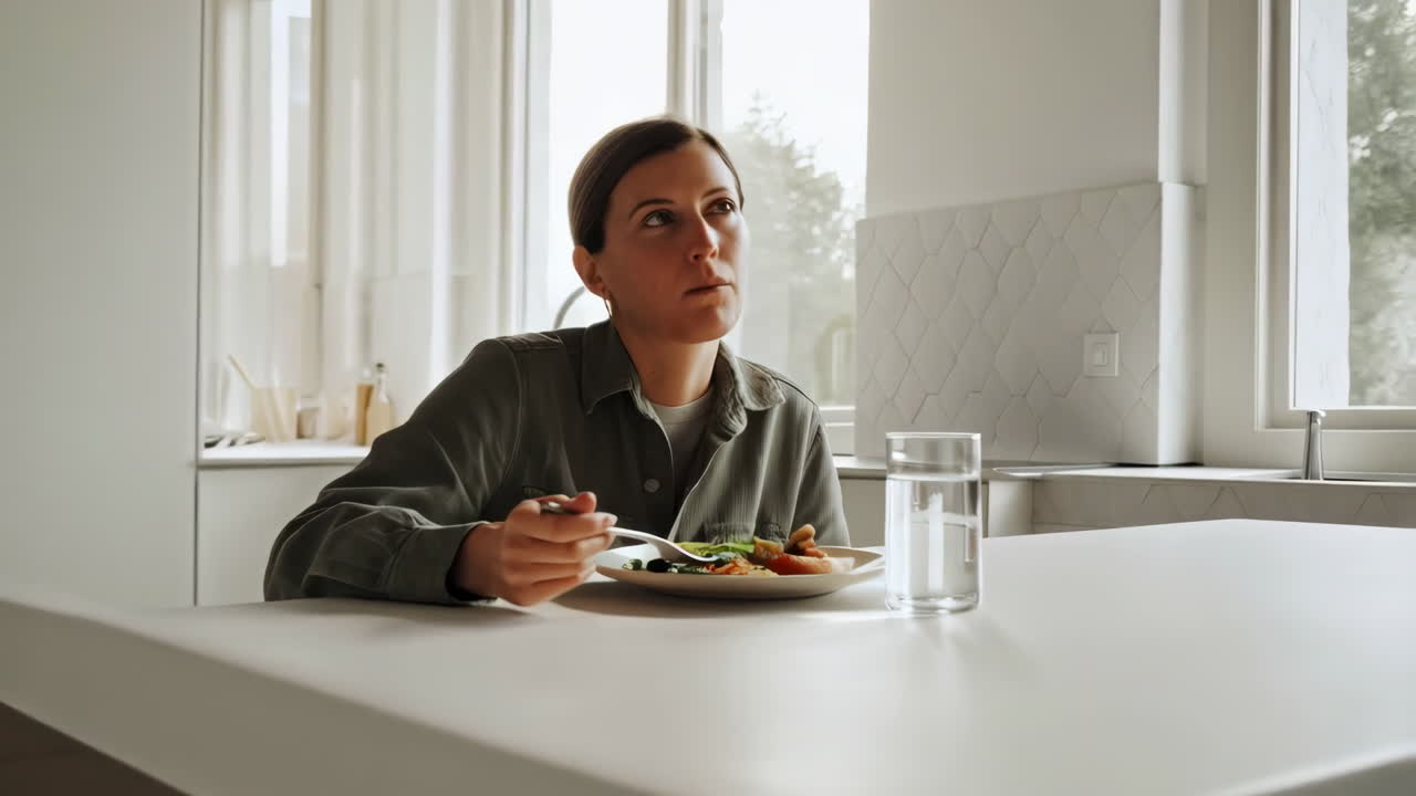 Woman eating lunch in a modern kitchen