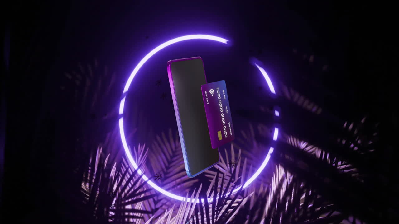 animación de teléfono inteligente y tarjeta de crédito con datos en un círculo brillante