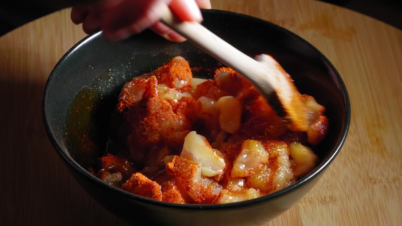 신선한 생 닭고기를 양념과 함께 그릇에 섞는다