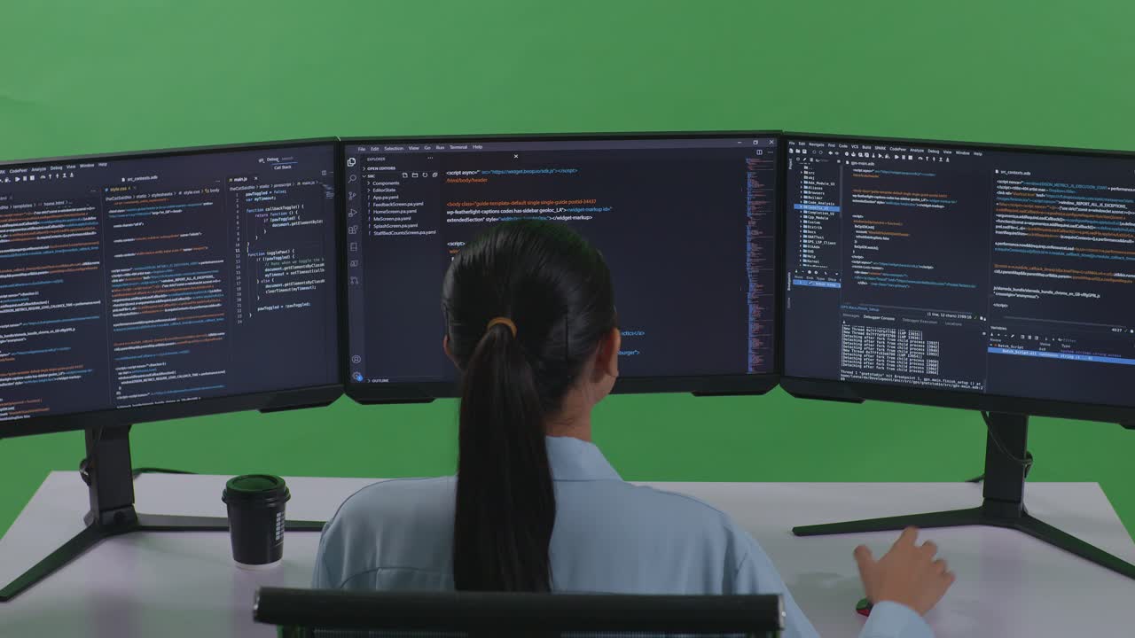 vista trasera de una desarrolladora asiática que usa una computadora para escribir código con múltiples pantallas en el estudio de pantalla verde