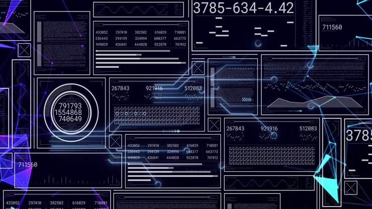 Animation of graphs, loading bars and circles with changing numbers against connected dots