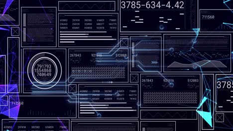 Animation-of-graphs,-loading-bars-and-circles-with-changing-numbers-against-connected-dots