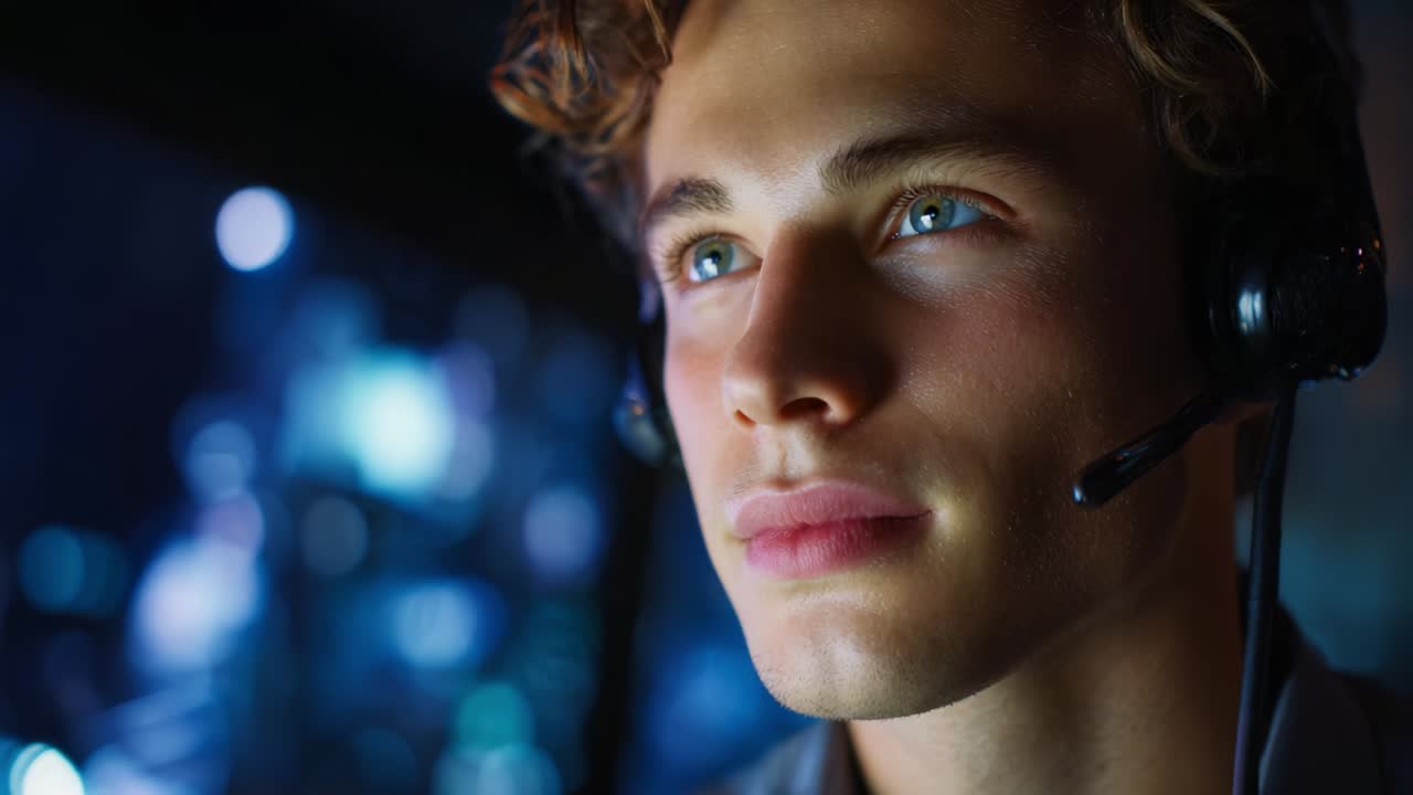 A Thoughtful Young Man with Curly Hair and Headset Deep in Concentration, Engaged in a Virtual Conversation, Illuminated by the Blue Glow of a High-Tech Environment