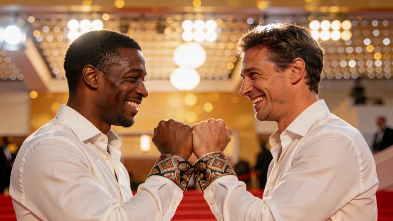 Holding fists, two men posing on red staircase for camera, wearing white shirts and patterned cuffs