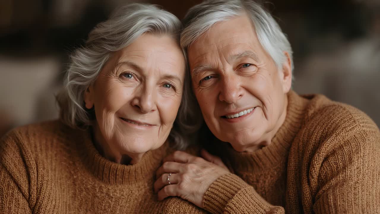 Leaning ringed seniors in brown knits on couch, camera close, opening eyes smiling, engaging viewer