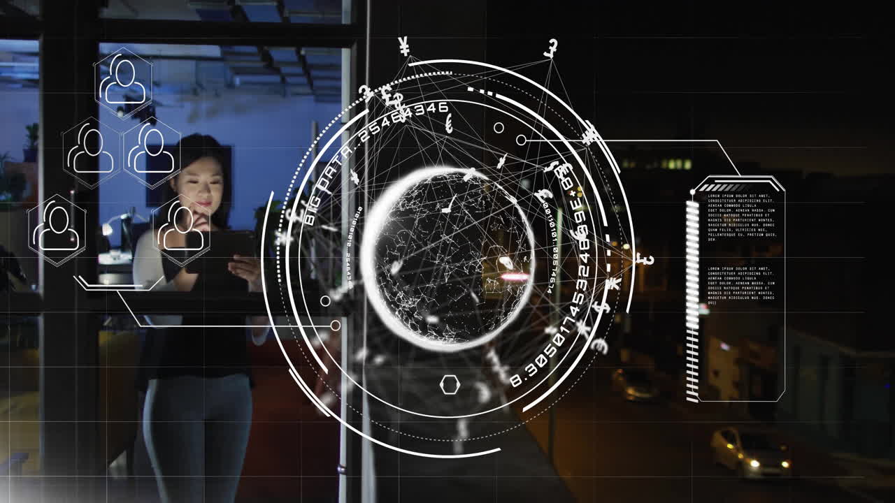사무실과 데이터 프로세싱에서 아시아 사업가와 함께 지구상의 애니메이션