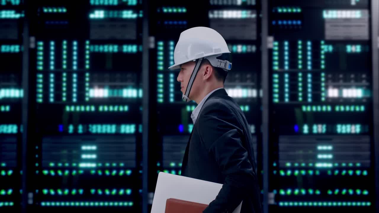 Side View of Asian Businessman Holding Computer While Walking in Server Room Data Center