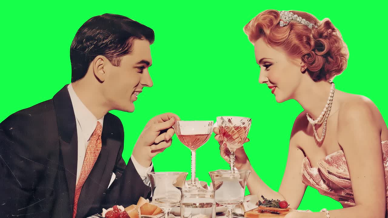 50's vintage couple on date animation, transparent 4K video, green screen