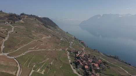 Aerial-of-beautiful-farming-town-in-Swiss-countryside