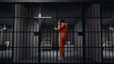 full body side view of asian male prisoner in handcuffs standing in prison, showing palm sign the expression of not being wanted to be captured by camera