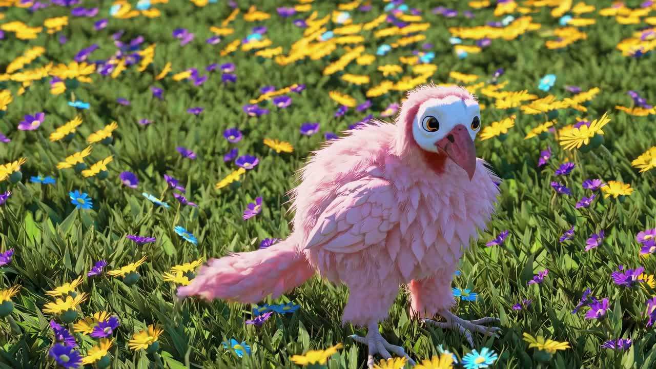 Fluffy Pink Bird in a Floral Field