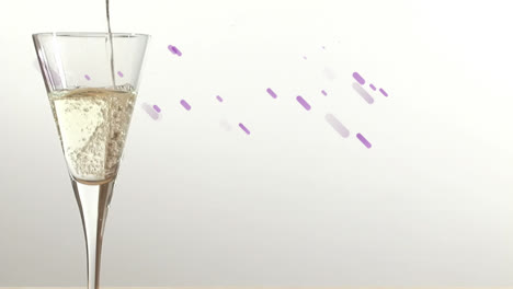 animation of purple shapes over champagne glass on white background