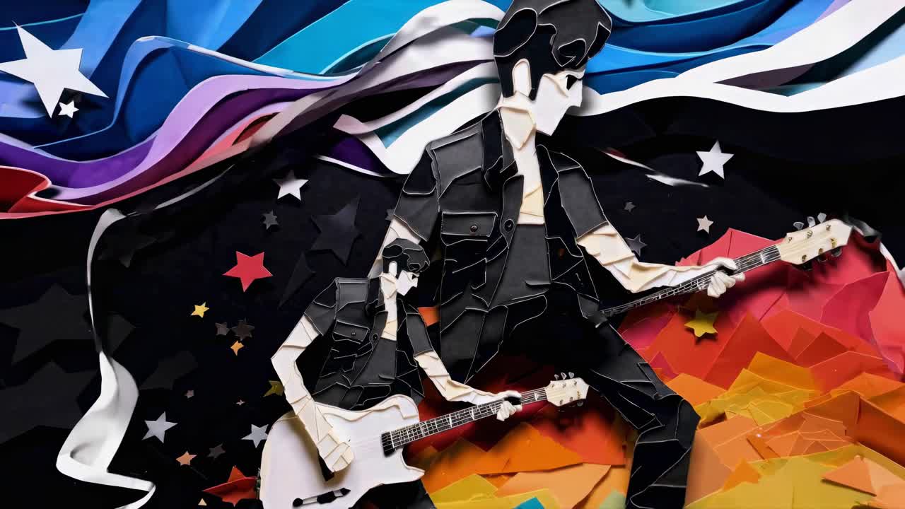 Vídeo de arte em papel colorido de um guitarrista, visto de um ângulo dinâmico, misturando ondas vibrantes
