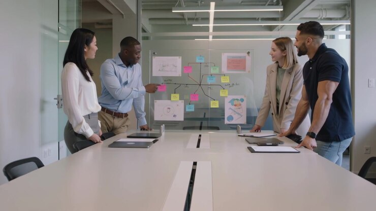 Inizio riunione con quattro colleghi in abiti da ufficio in sala riunioni, che indicano dei post-it per la revisione.