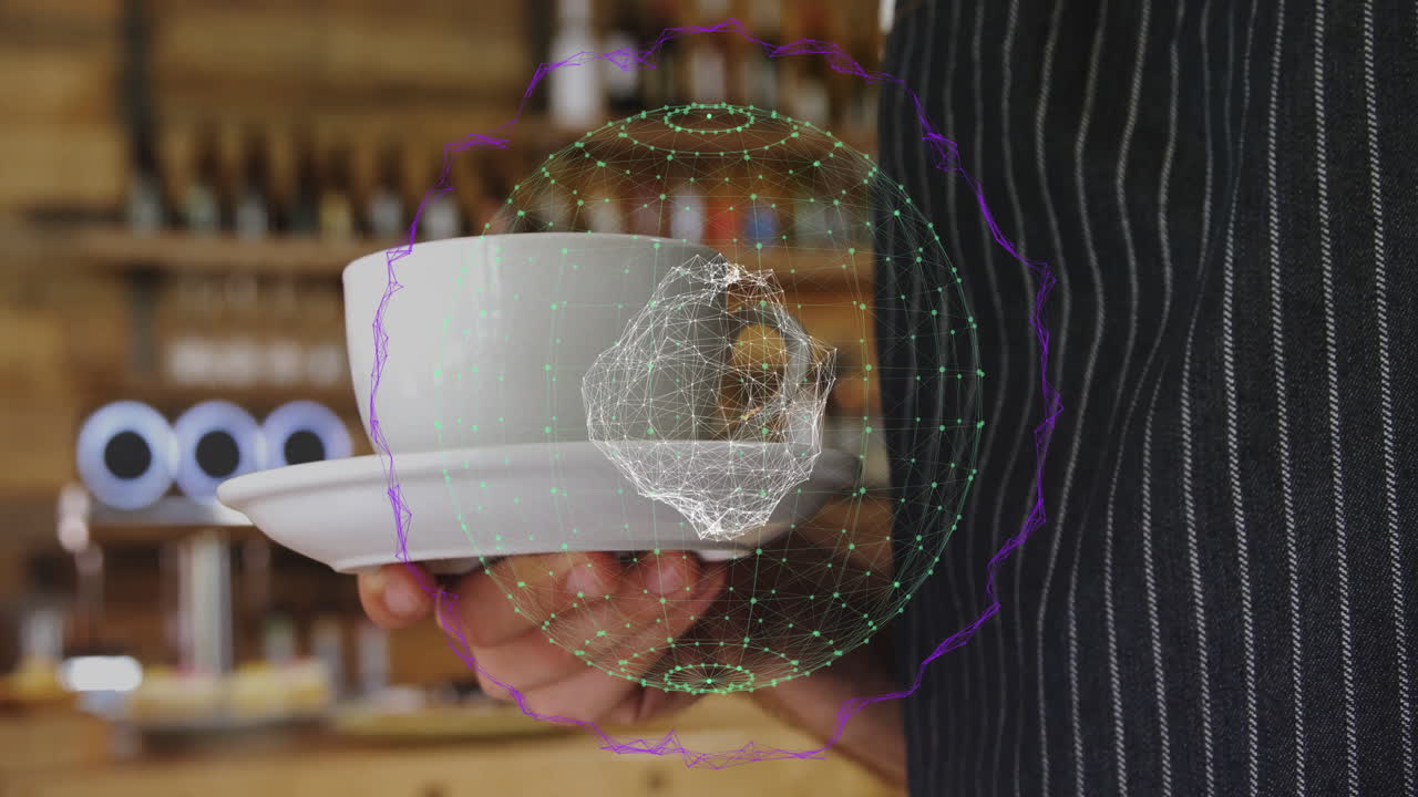 Barista che presenta una tazza di caffè al bar, mostrando una sovrapposizione di sfera wireframe in realtà aumentata.