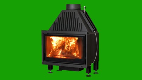 burning fireplace isolated on green screen. chroma key background