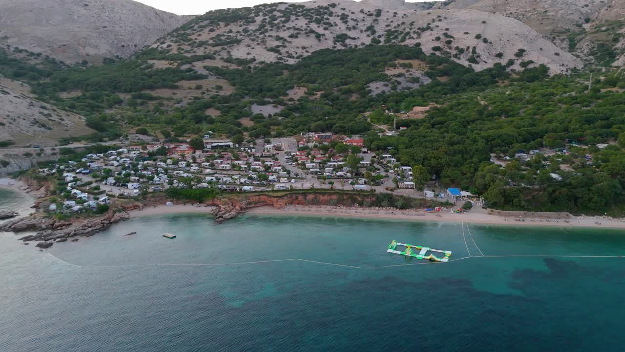 Stara Baska, Krk Island, Croatia, Aerial View of the Mountains and Coast With Boats, Beaches and Adriatic Sea. The Seaside Rv Campmobiles on a Summer Beautiful Coastline at Sunset Summer Evening