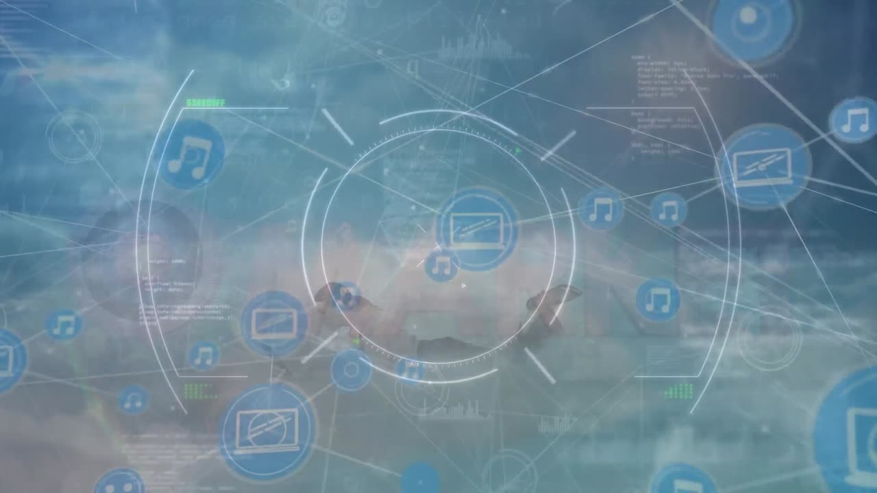 animación de portátiles conectados e iconos de música con codificación y escáner moviéndose sobre nubes en el cielo