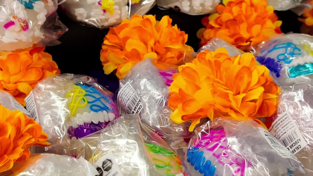 Cellophane-wrapped sugar skulls for sale during Day of the Dead celebrations