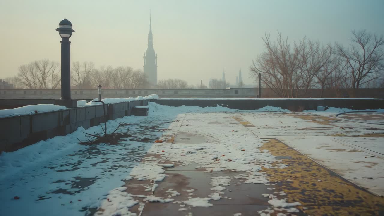 Camera panning across snowy rooftop showing vintage lamppost, melting patches and yellow markings