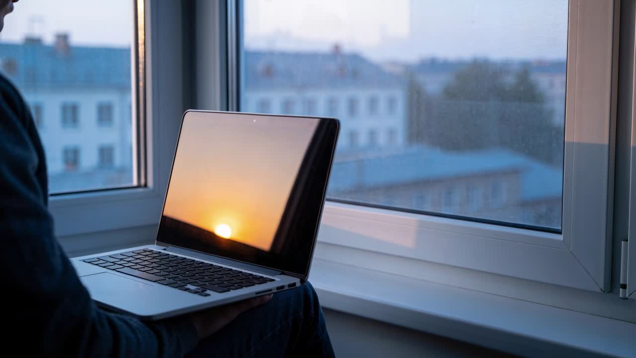 Cradling man in dark hoodie angling laptop at window with sun reflection as sun dipping