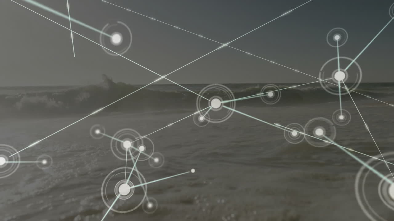 Network of connections and data processing animation over ocean waves