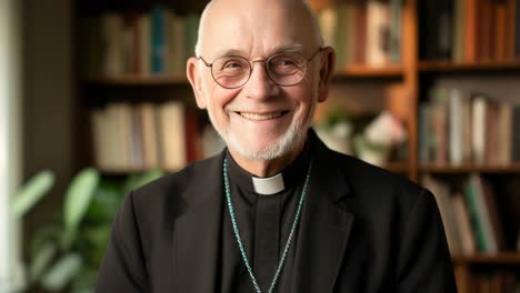 portrait of a cheerful senior priest wearing glasses and clerical collar smiling in a library with bookshelves in the background, conveying a sense of wisdom, knowledge, and religious devotion