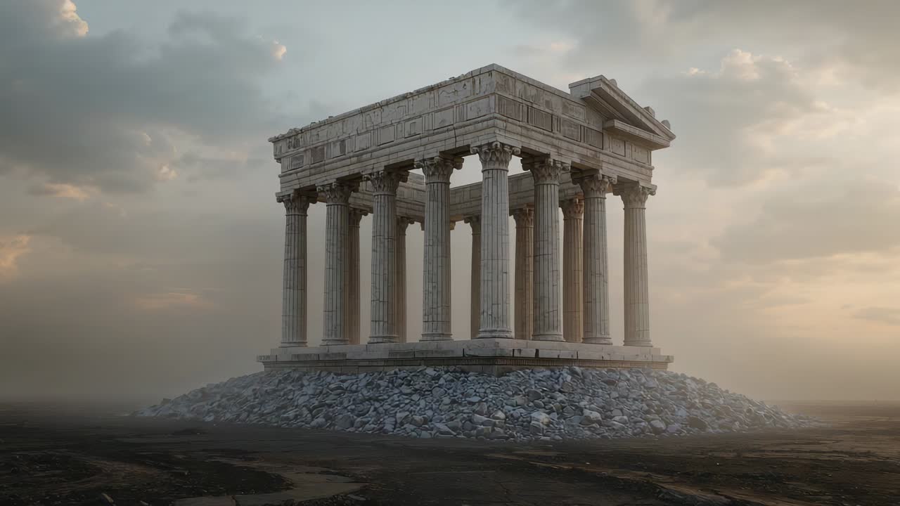 Nuvole alla deriva, nebbia che si infittisce, tempio solitario su un cumulo di macerie in pianura, con colonne a vista