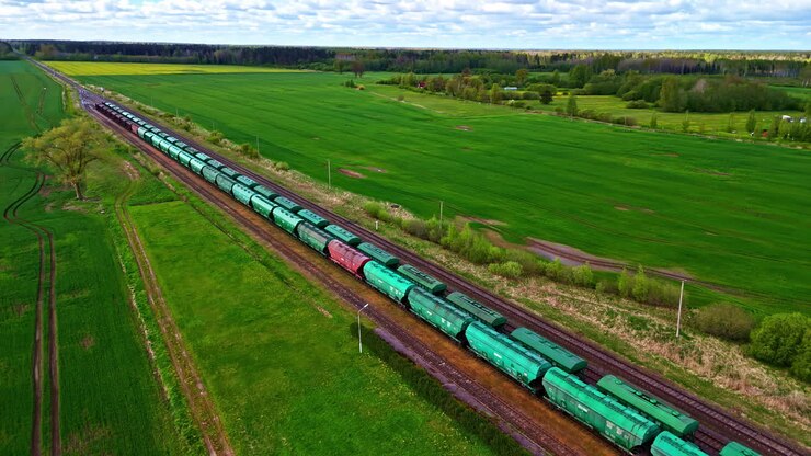 Goederenvervoer per spoor, lange industriële lading, luchtdrone.
