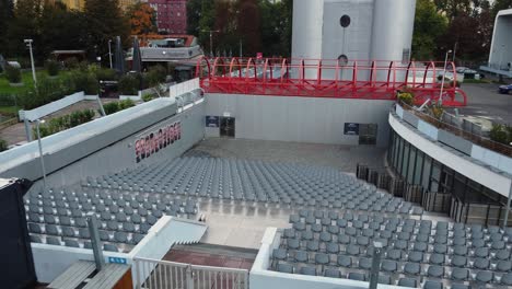 empty seats with no people in zizkov, prague czech republic, outside audience place during covid pandemic