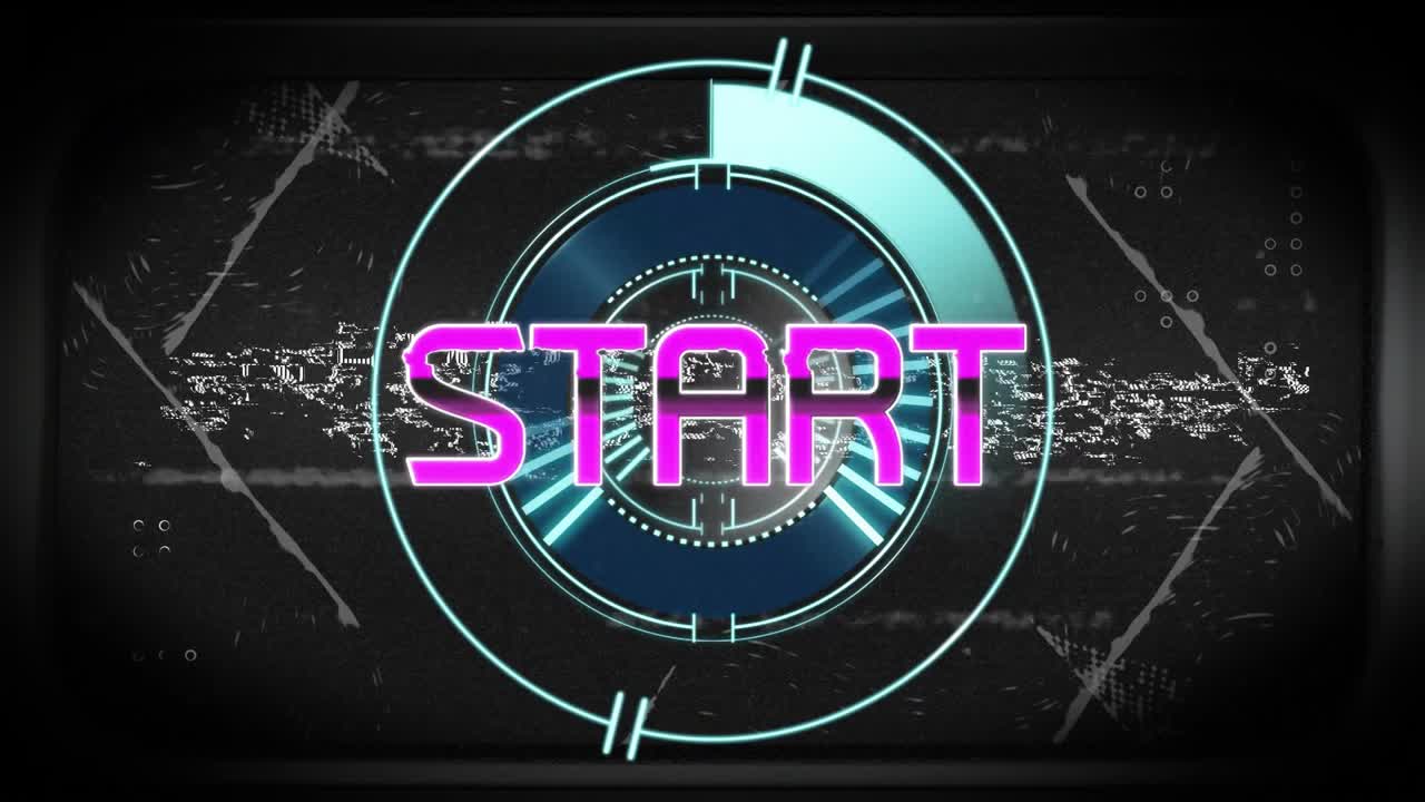 radial bars sweeping, rings rotating, purple glitches forming, revealing START, launching system