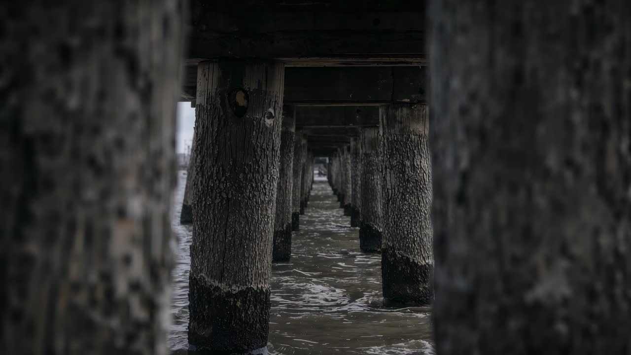 Revealing camera moving forward, central pilings under pier exposing seawater and distant shore