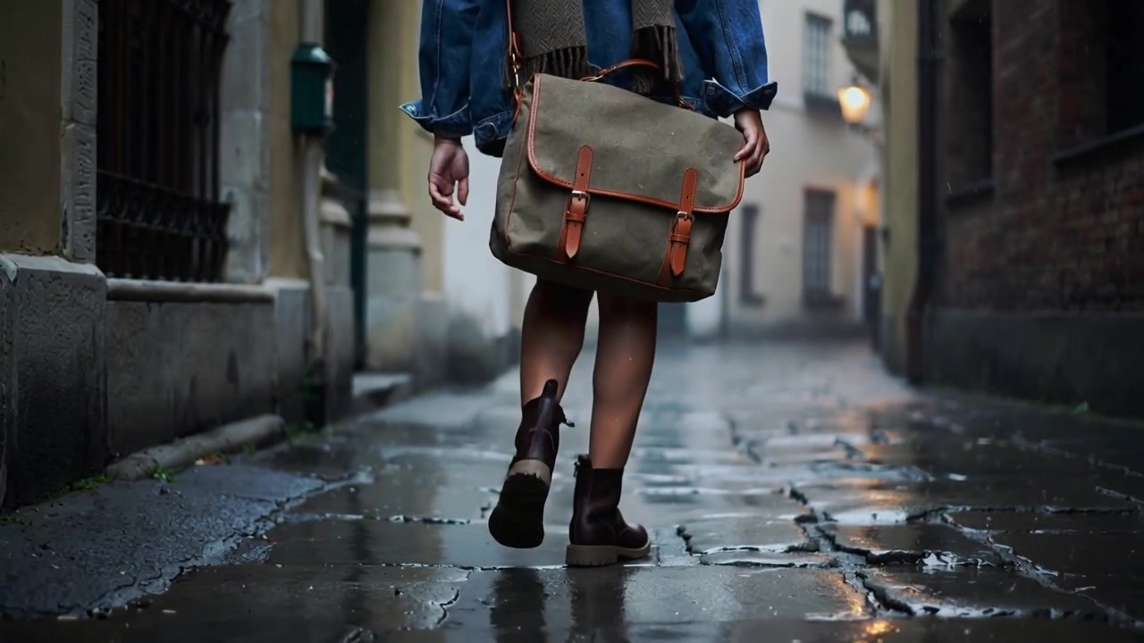 Donna che cammina in giacca di jeans e gonna corta, dirigendosi verso l'apertura di un vicolo più luminoso, con una borsa a tracolla.