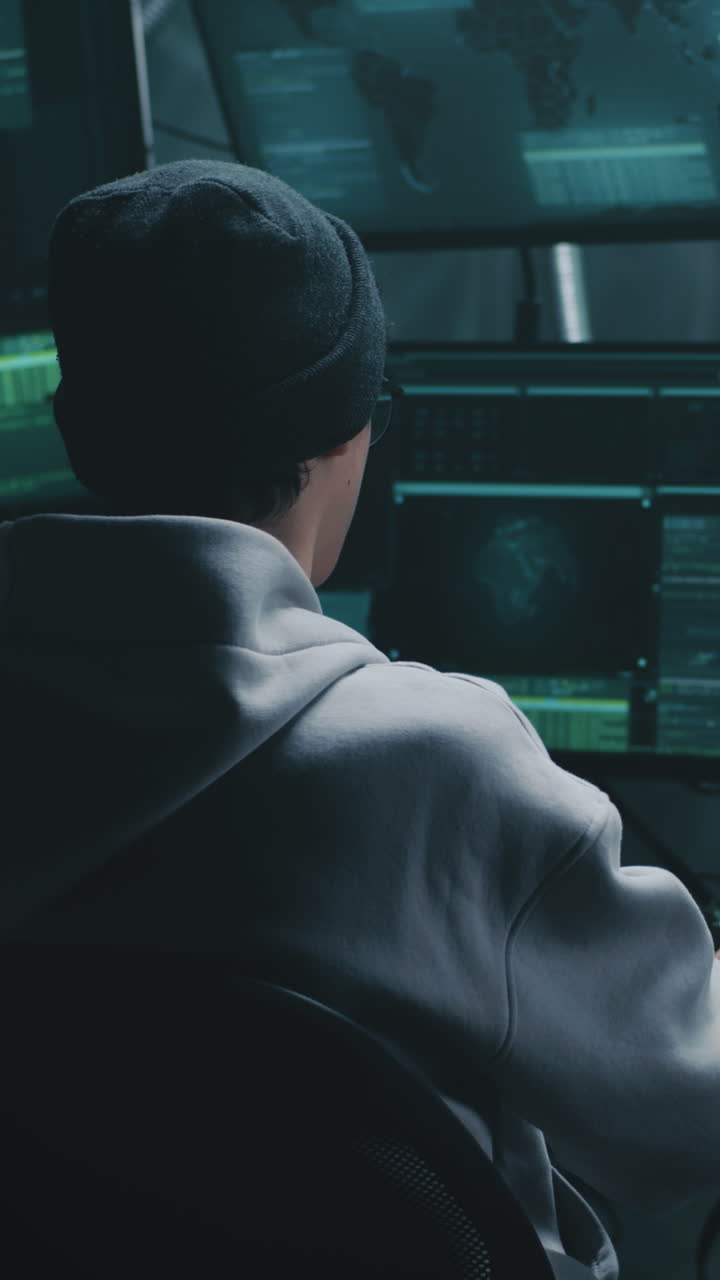 hacker trabajando en múltiples monitores en una habitación oscura