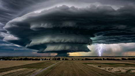 dramatic supercell thunderstorm with lightning over rural fields