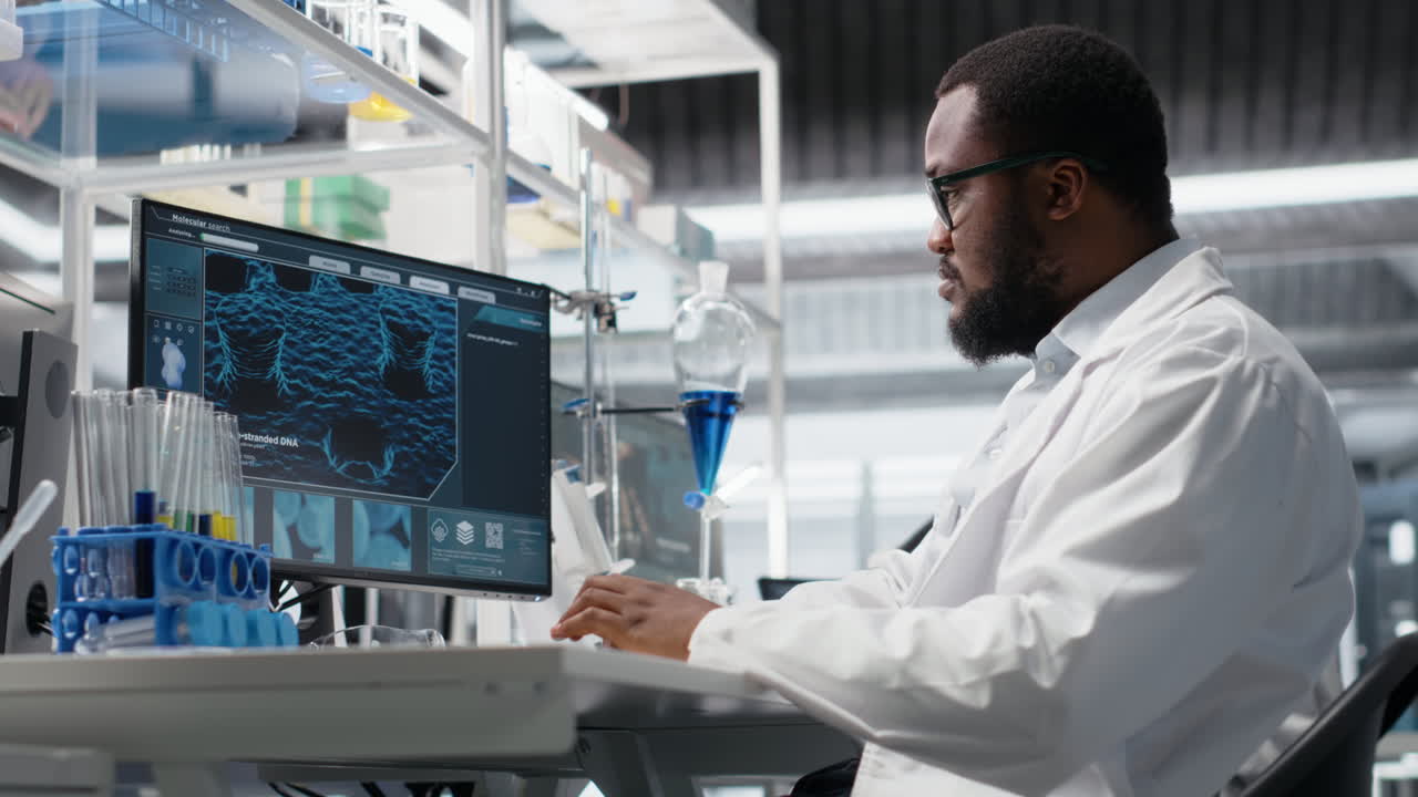 Medical Lab Technician Investigates Blue Liquid Chemical Sample Properties