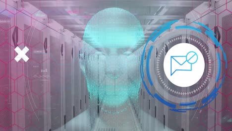 Animation-of-data-processing-with-envelope-icon-over-server-room