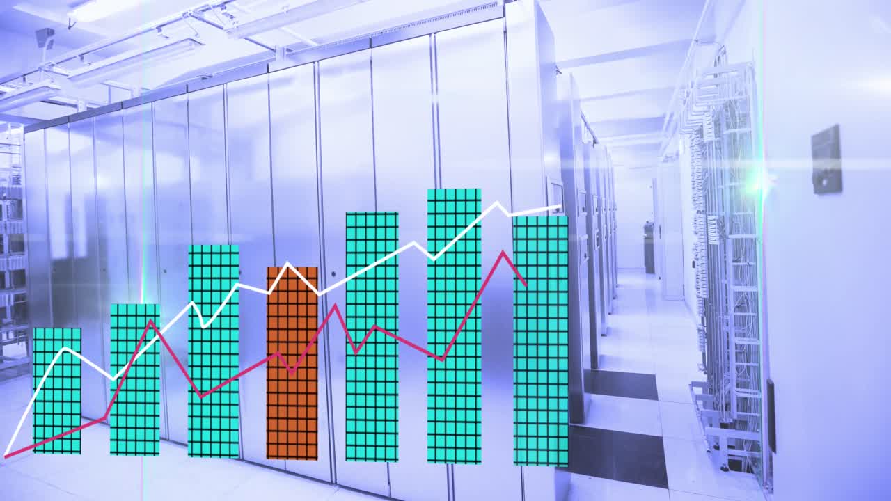 Animation of financial data processing over server room