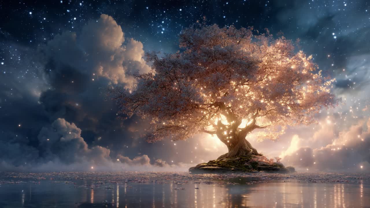 Et fredfyldt og fortryllet træ oplyst af glitrende lys under en stjerneklar nattehimmel, der reflekteres i roligt vand, hvilket skaber en drømmeagtig atmosfære af ro og undren.