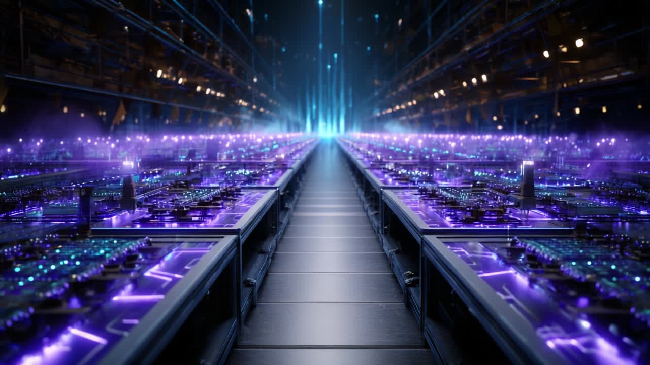 A futuristic, illuminated technology warehouse filled with intricate circuit boards and vibrant blue-purple lighting, showcasing the innovation and complexity of modern computing infrastructure